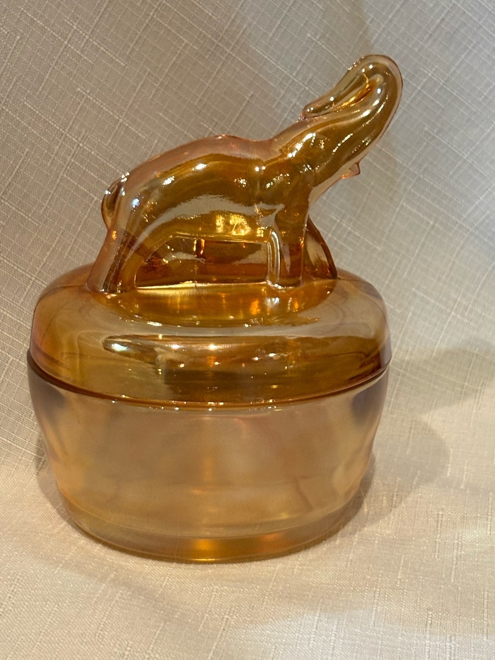 JEANETTE GLASS ELEPHANT POWDER JAR IN MARIGOLD CARNIVAL GLASS - Home Accents